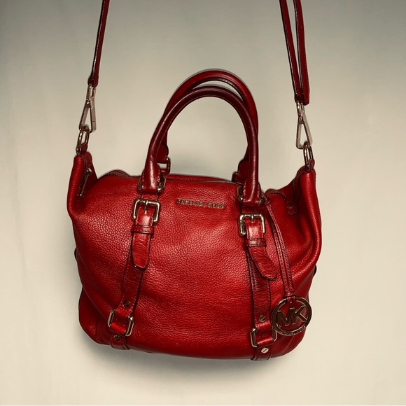 🆕 MICHAEL KORS Red Bedford Pebble Leather Satchel Shoulder Bag Medium Christmas - Picture 3 of 15